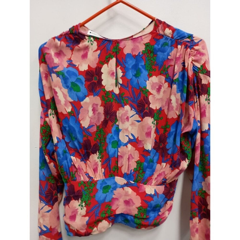 Zara Womens Blouse XS Red Blue Floral Drape Long Sleeve Crew Neck Pullover Top - Picture 9 of 10
